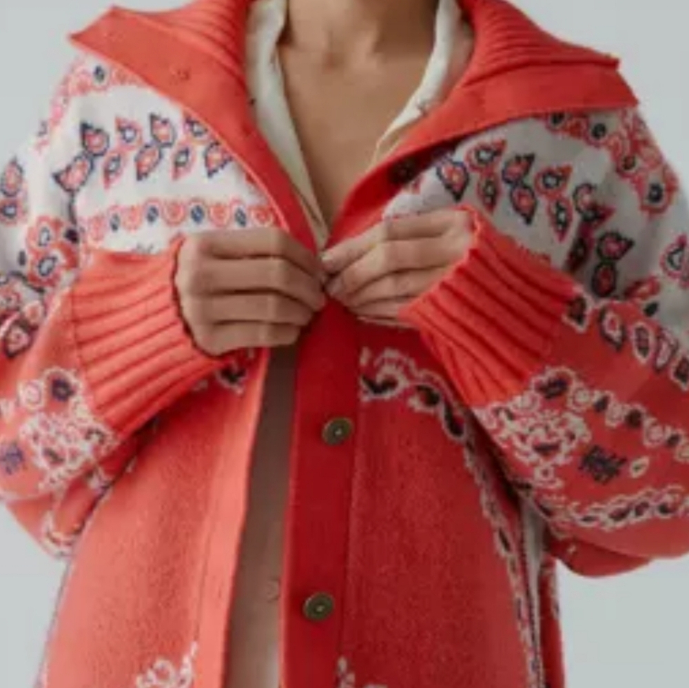 BDG Austin Sweater Jacket W/Peace Sign - Red Multi